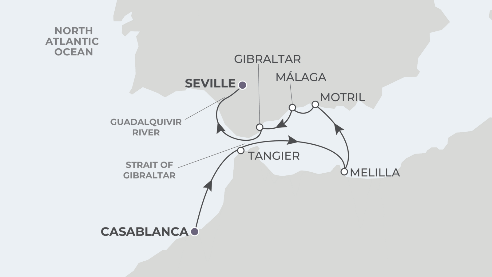 Casablanca to Seville Cruise itinerary map